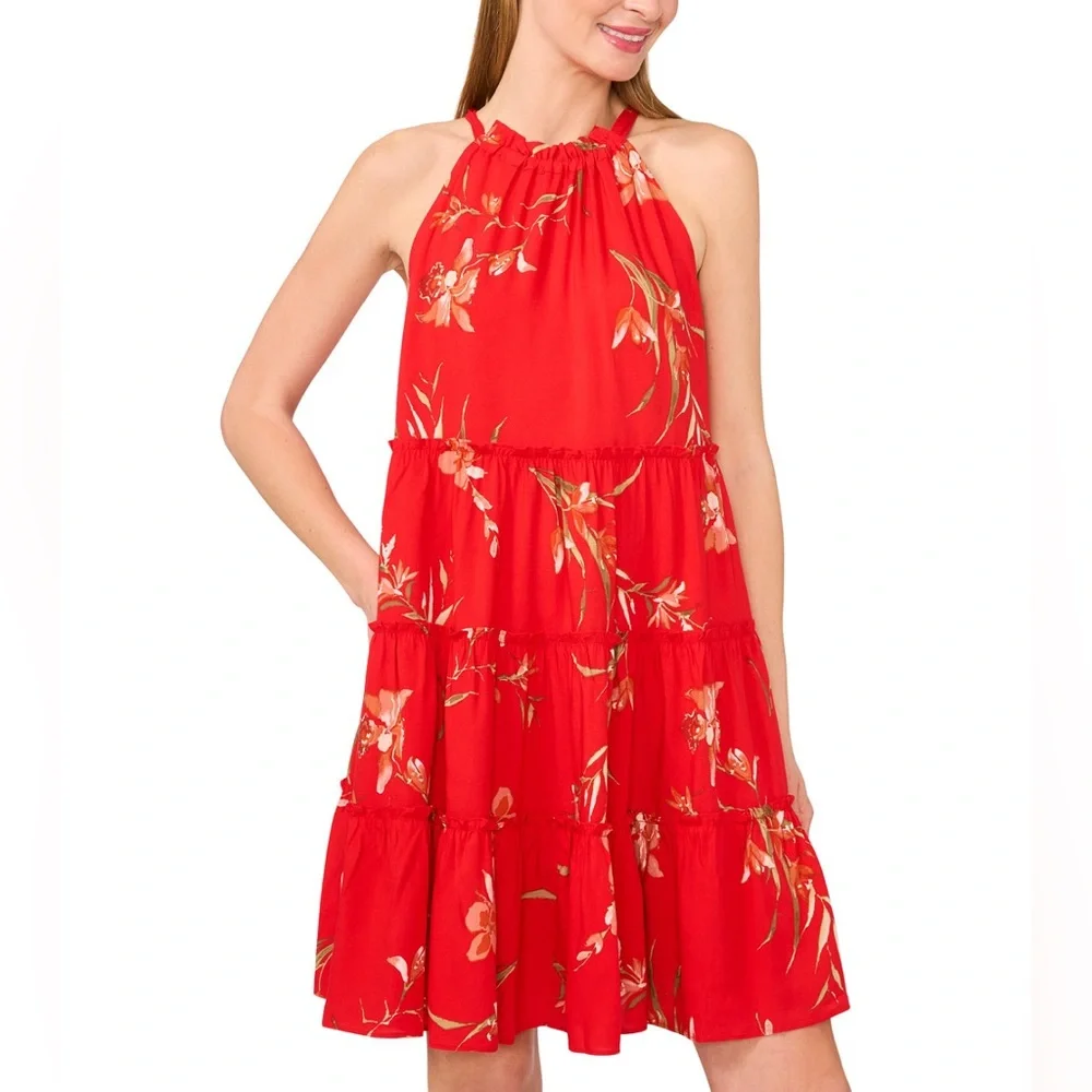 Cece Floral Print Tiered Halter Dress in Fiery Red. NWT. - Picture 2 of 5